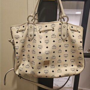 MCM Cream and Black Logo Clutch